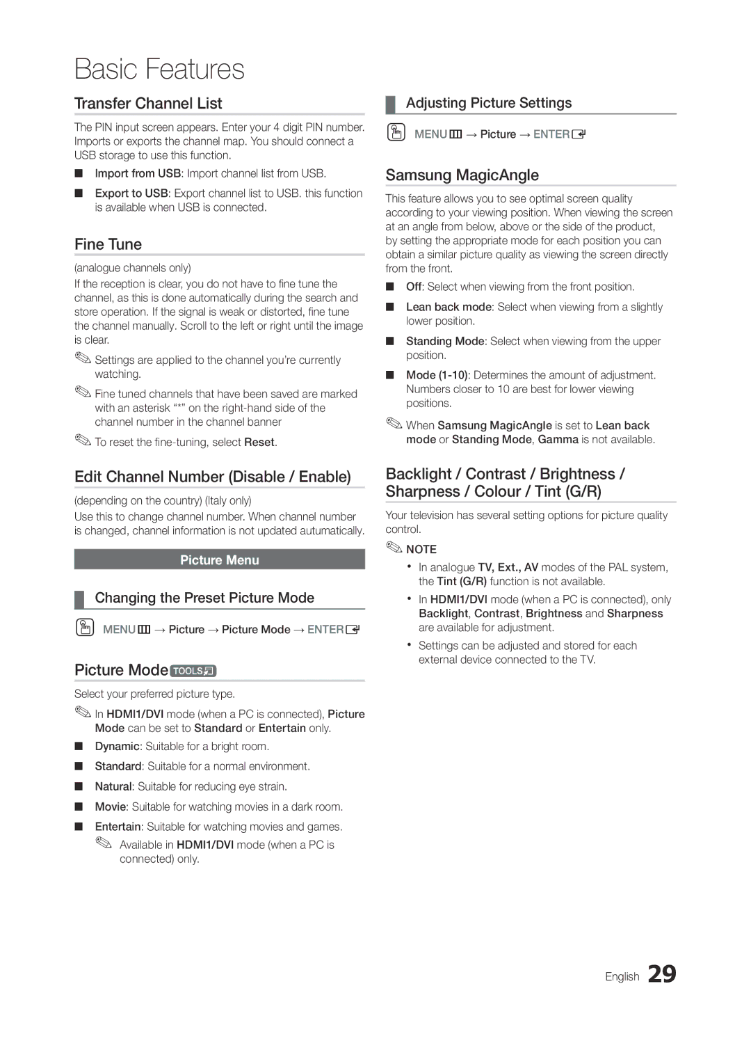 Samsung LT27A950EX/XE manual Transfer Channel List, Fine Tune, Samsung MagicAngle, Edit Channel Number Disable / Enable 