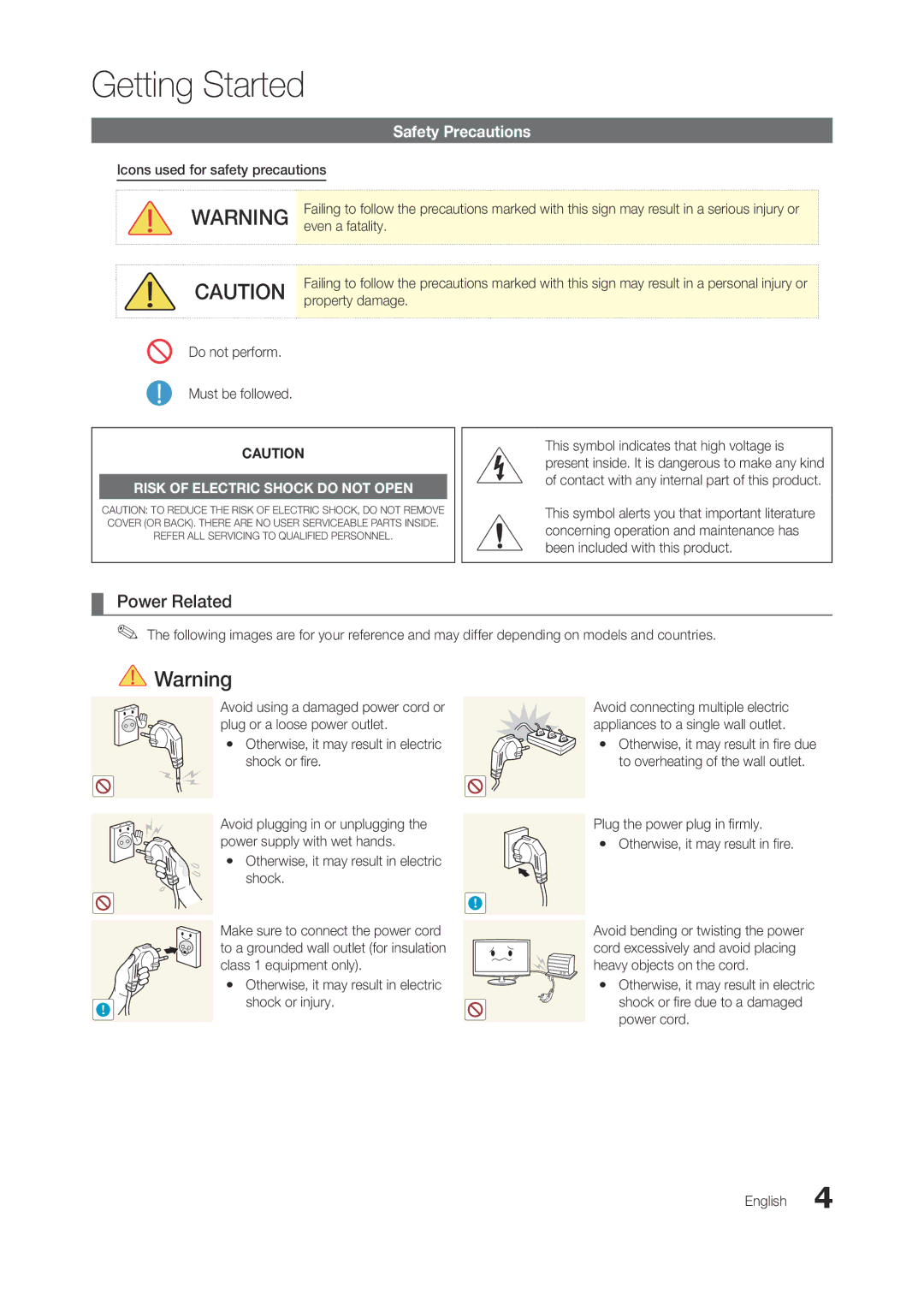 Samsung LT27B750EWV/EN, LT27A950EX/CI, LT27A750EXL/EN, LT27A950EXL/EN, LT23A750EX/CI manual Power Related, Safety Precautions 