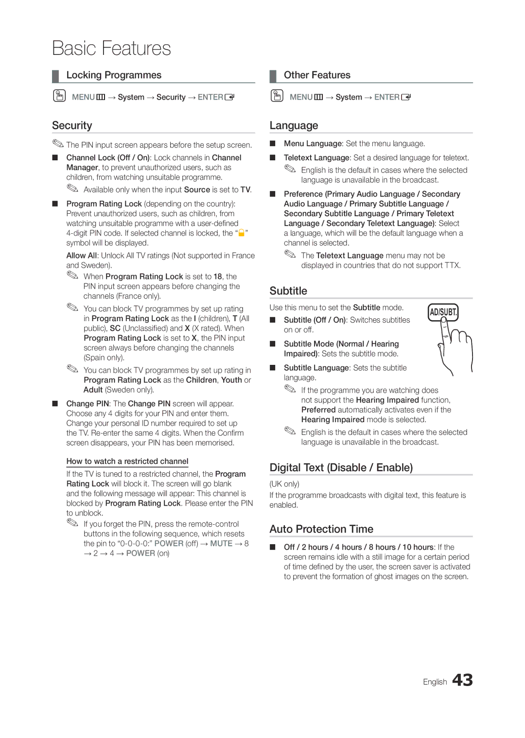 Samsung LT27A950EX/EN, LT27A950EX/CI Security, Language, Subtitle, Digital Text Disable / Enable, Auto Protection Time 