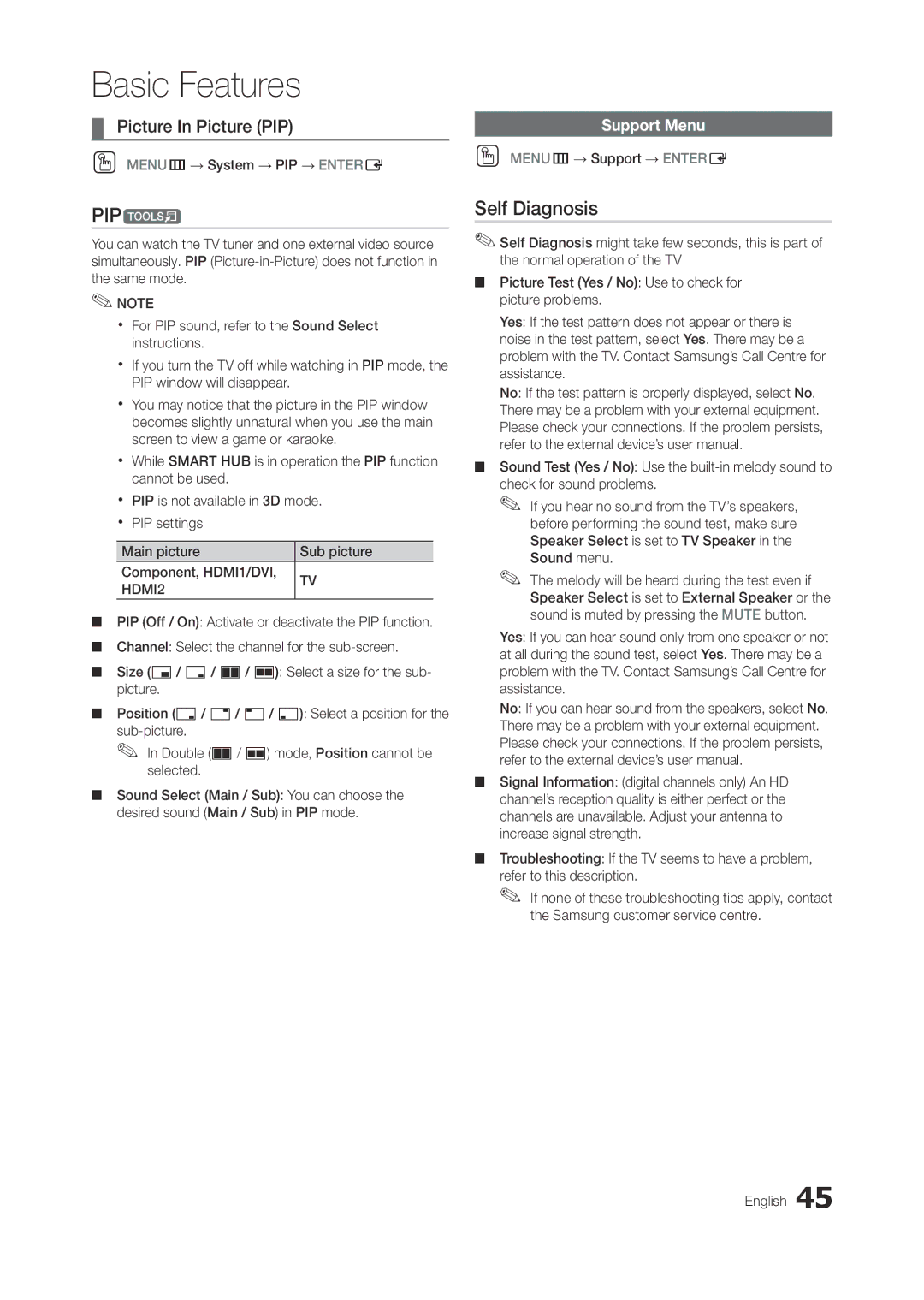 Samsung LT23A750EXL/EN, LT27A950EX/CI, LT27A750EXL/EN, LT27A950EXL/EN, LT23A750EX/CI manual PIPt, Self Diagnosis, Support Menu 