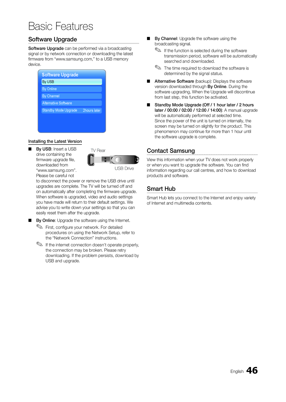 Samsung LT23A750EX/XE Software Upgrade, Contact Samsung, Smart Hub, By Online Upgrade the software using the Internet 