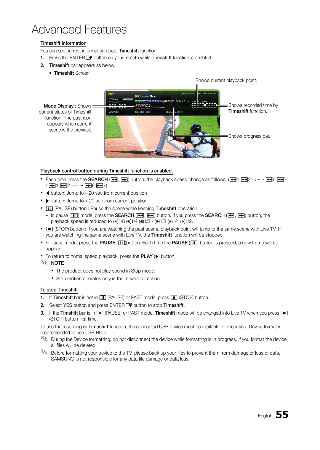 Samsung LT27A750EXL/EN, LT27A950EX/CI manual Timeshift function, Shows recorded time by, Current states of Timeshift 