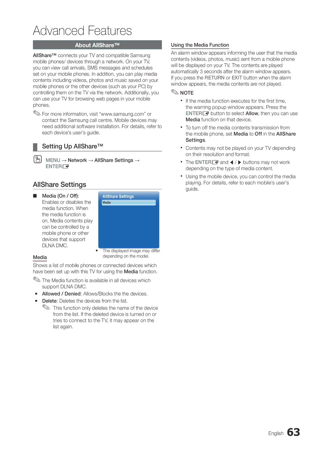 Samsung LT23A750EXL/EN, LT27A950EX/CI, LT27A750EXL/EN, LT27A950EXL/EN, LT23A750EX/CI manual Setting Up AllShare, About AllShare 