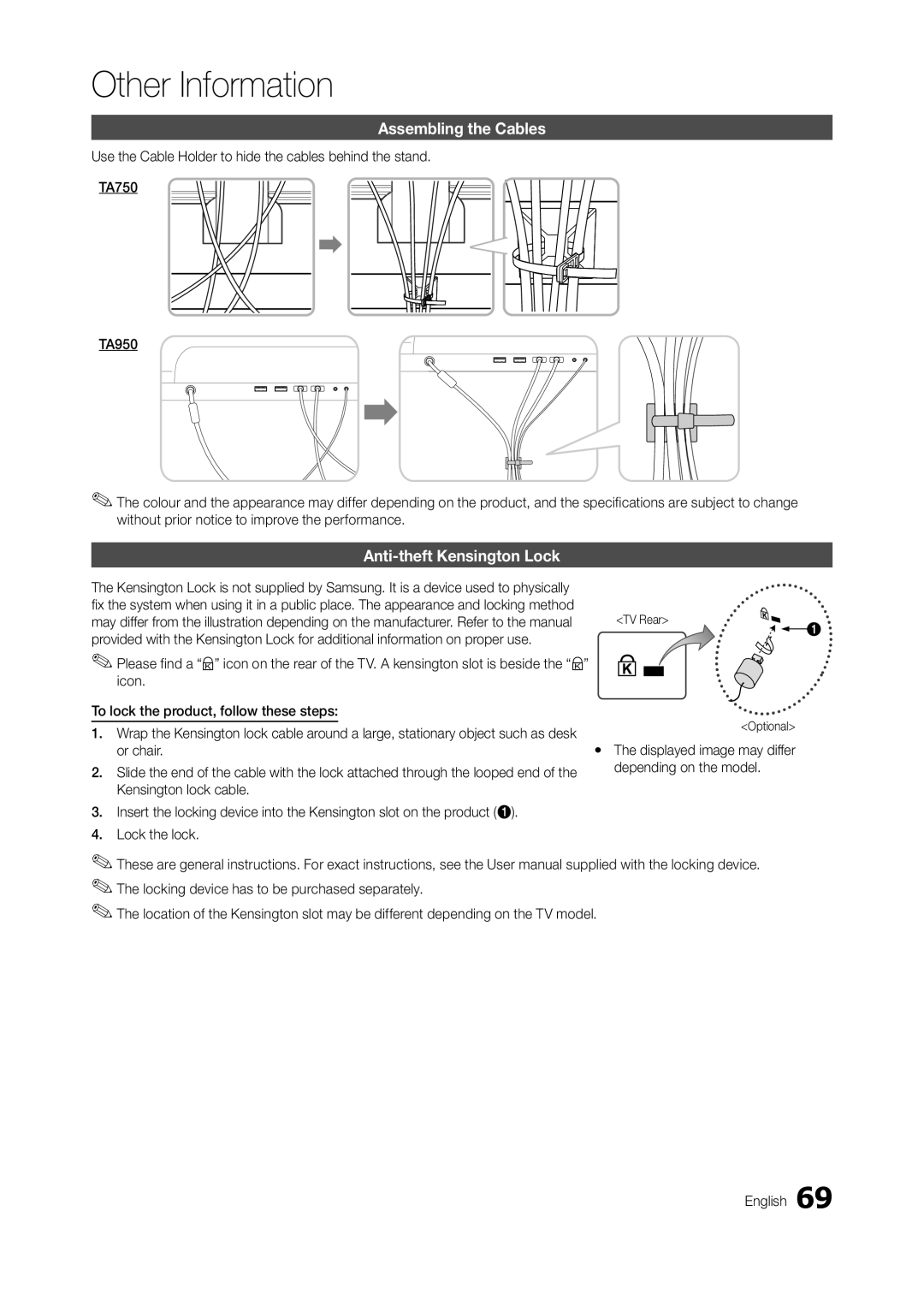 Samsung LT27A950EXSCI, LT27A950EX/CI Assembling the Cables, Anti-theft Kensington Lock, Or chair, Depending on the model 