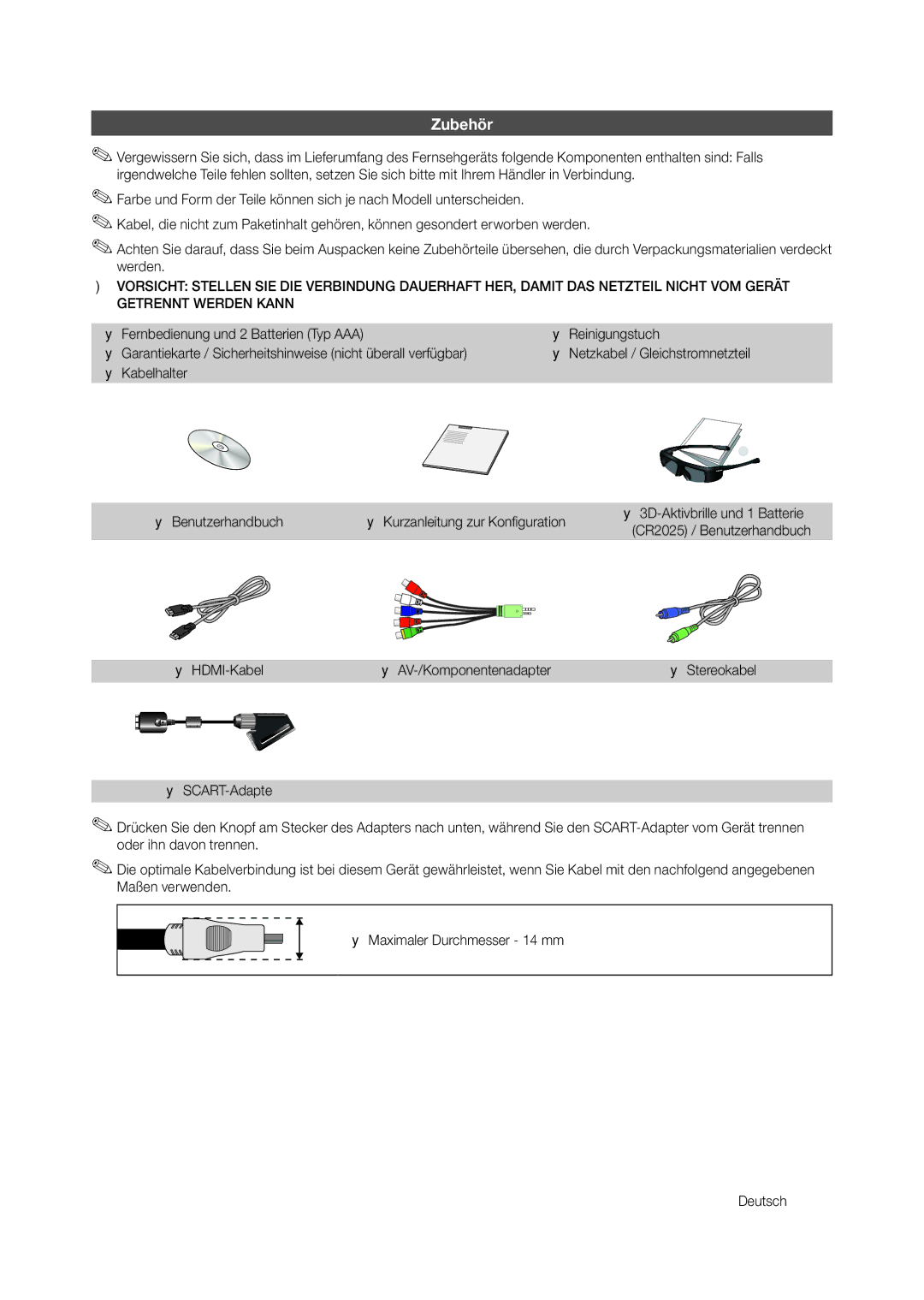 Samsung LT27A950EXL/EN, LT27A950EX/CI, LT27A750EXL/EN, LT23A750EX/CI manual Zubehör, Yy HDMI-Kabel Yy AV-/Komponentenadapter 