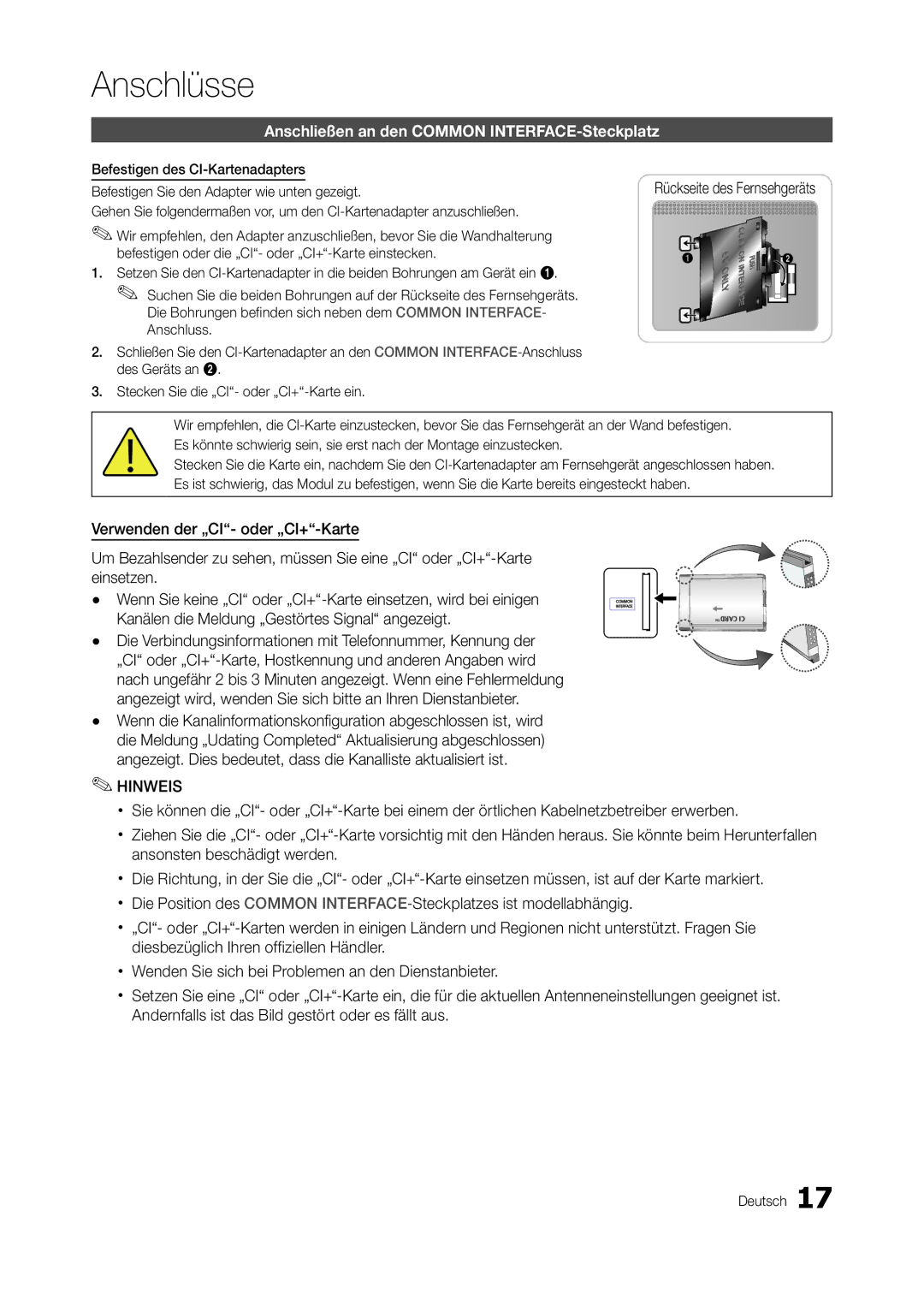 Samsung LT27B750EW/EN, LT27A950EX/CI, LT27A750EXL/EN, LT27A950EXL/EN Anschließen an den Common INTERFACE-Steckplatz, Hinweis 