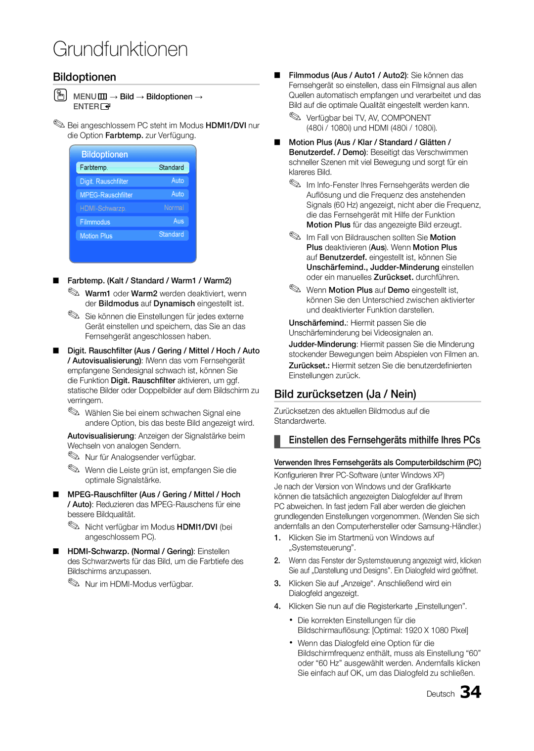 Samsung LT27A950EX/EN manual Bildoptionen, Bild zurücksetzen Ja / Nein, Einstellen des Fernsehgeräts mithilfe Ihres PCs 