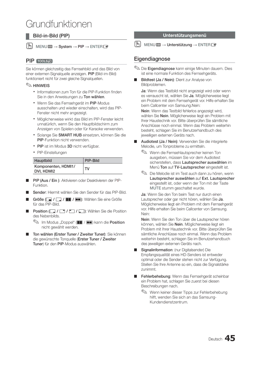 Samsung LT27A950EX/CI, LT27A750EXL/EN, LT27A950EXL/EN manual PIP t, Eigendiagnose, Bild-in-Bild PIP, Unterstützungsmenü 