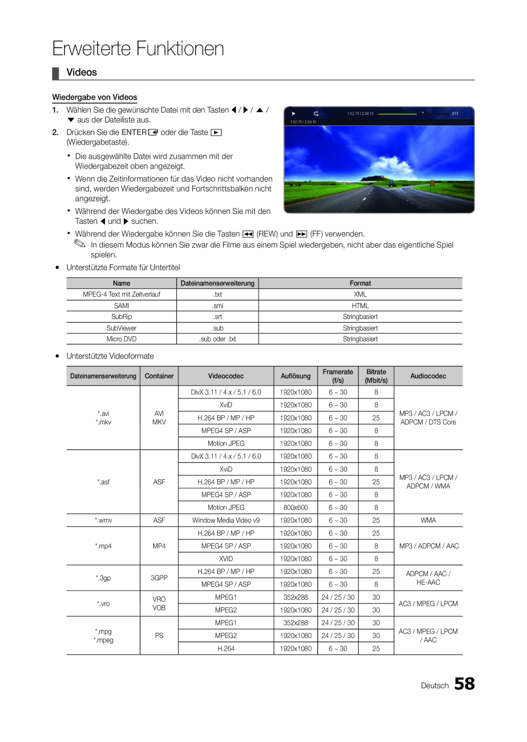 Samsung LT27B750EWV/EN, LT27A950EX/CI, LT27A750EXL/EN manual Videos, Aus der Dateiliste aus, Yy Unterstützte Videoformate 