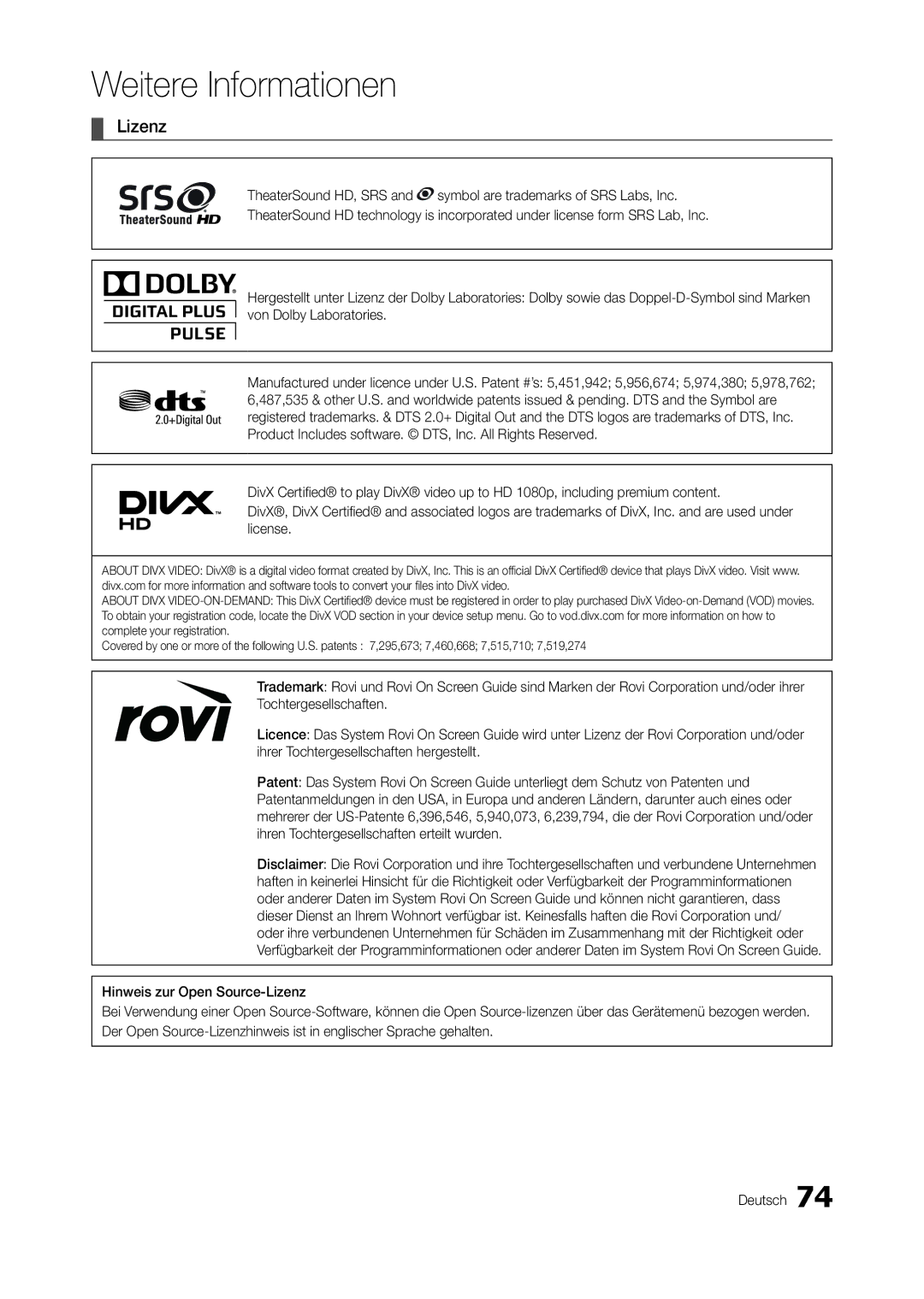 Samsung LT27A950EXL/EN, LT27A950EX/CI, LT27A750EXL/EN, LT23A750EX/CI, LT27B750EWV/EN, LT27A750EX/EN, LT23A750EX/EN manual Lizenz 