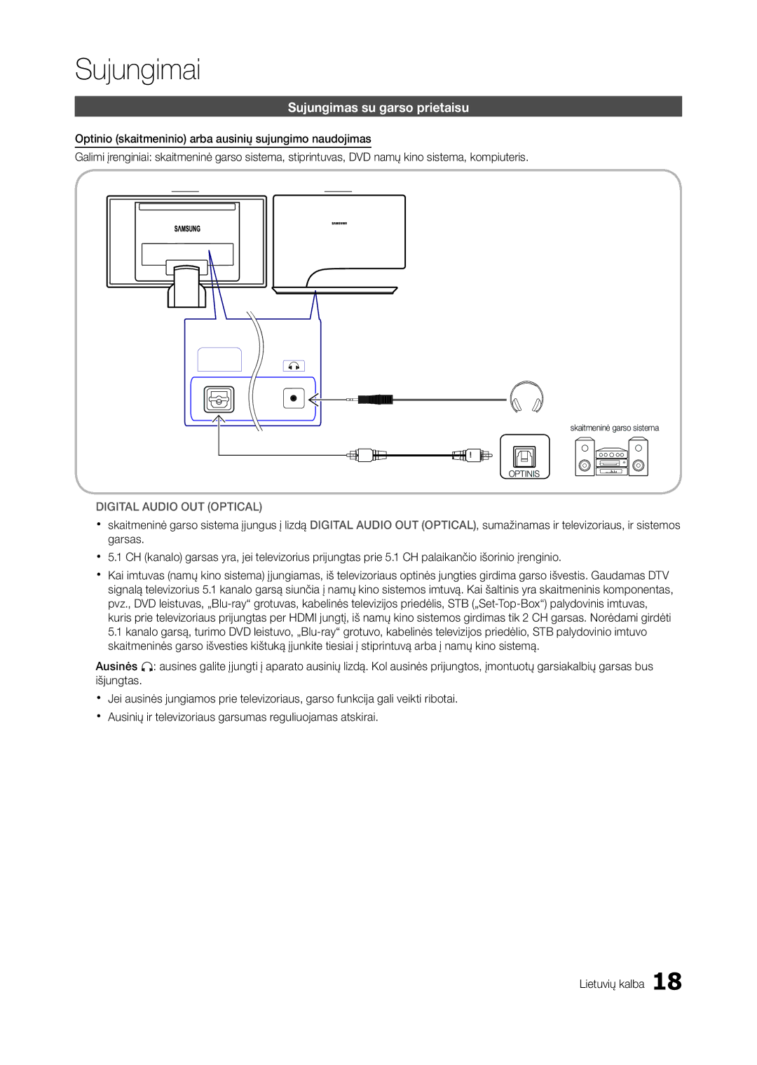 Samsung LT27A950EX/EN, LT27A950EXL/EN, LT27A750EX/EN, LT27B750EW/EN Sujungimas su garso prietaisu, Digital Audio OUT Optical 