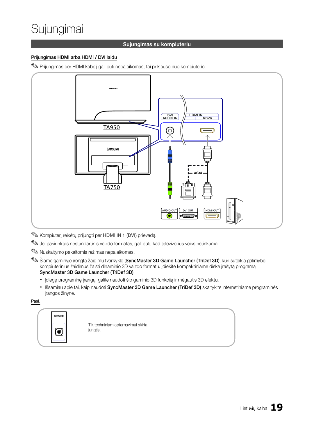 Samsung LT27B750EW/EN, LT27A950EXL/EN, LT27A750EX/EN, LT27A950EX/EN manual TA950, TA750, Sujungimas su kompiuteriu 