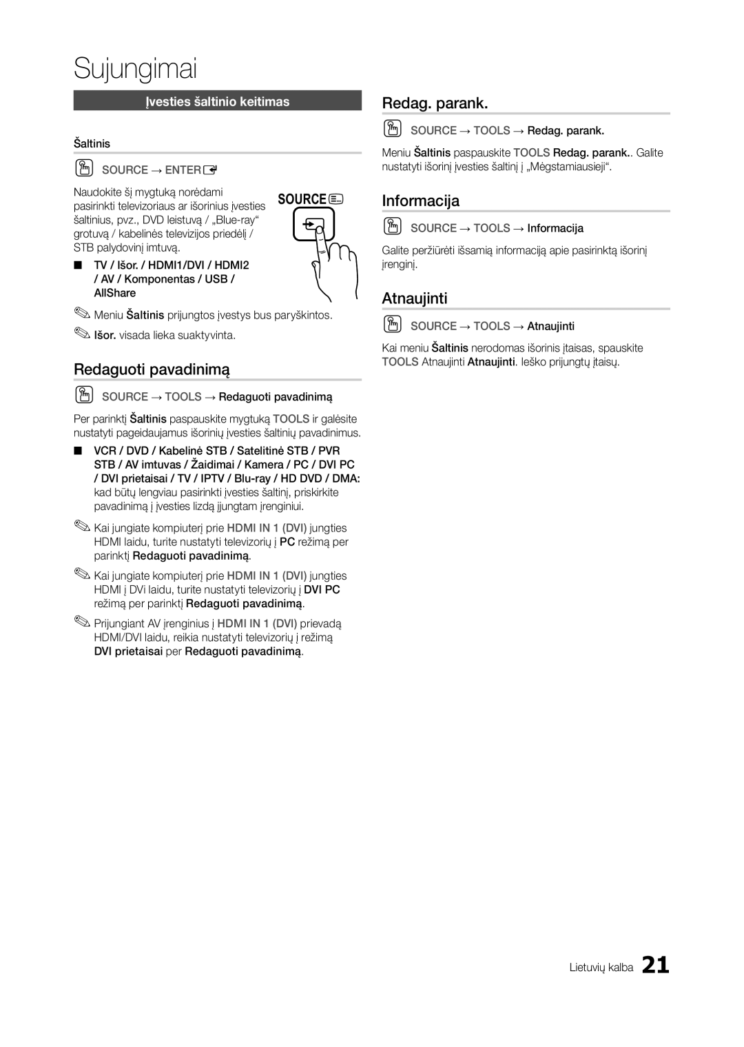 Samsung LT27A750EX/EN manual Redaguoti pavadinimą, Redag. parank, Informacija, Atnaujinti, Įvesties šaltinio keitimas 