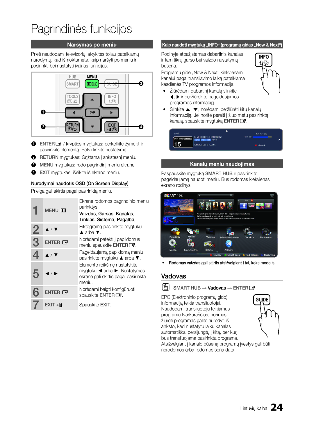 Samsung LT27A950EXL/EN, LT27A750EX/EN, LT27A950EX/EN, LT27B750EW/EN manual Vadovas, Naršymas po meniu, Kanalų meniu naudojimas 