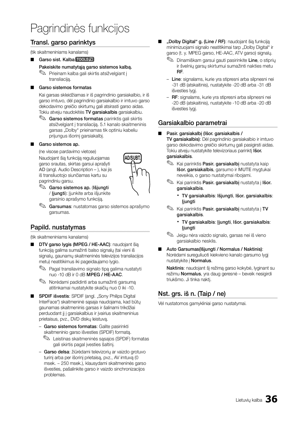 Samsung LT27A950EXL/EN Transl. garso parinktys, Papild. nustatymas, Garsiakalbio parametrai, Nst. grs. iš n. Taip / ne 