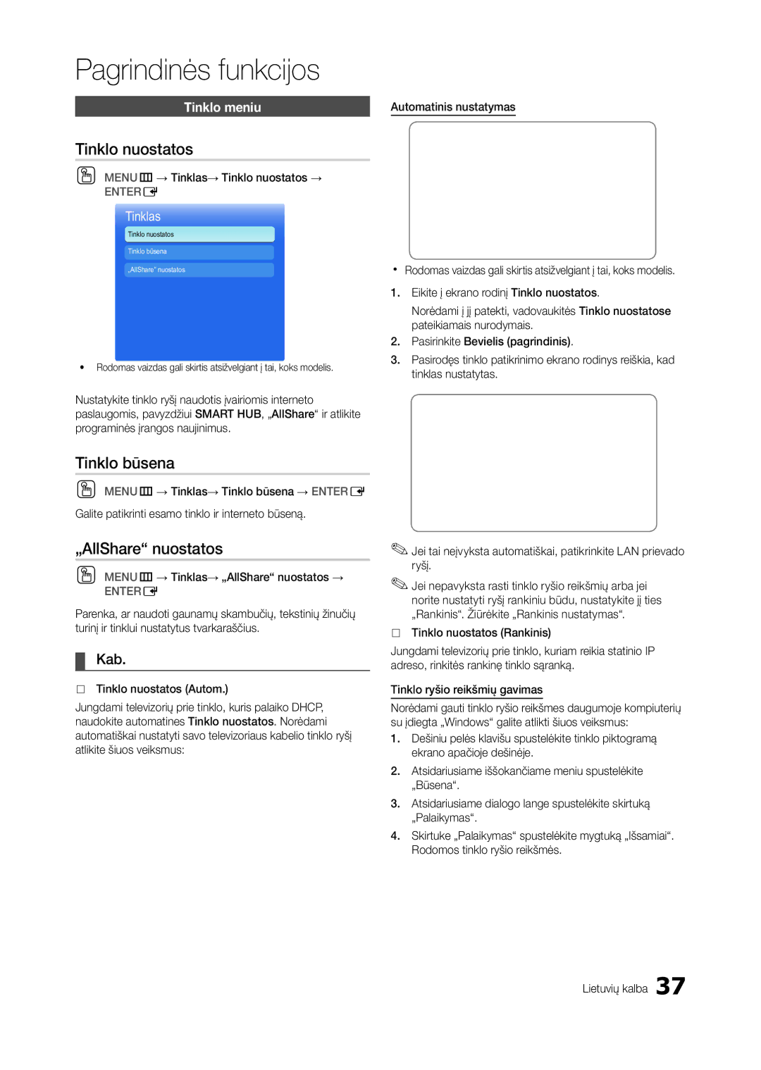 Samsung LT27A750EX/EN, LT27A950EXL/EN manual Tinklo nuostatos, Tinklo būsena, „AllShare nuostatos, Kab, Tinklo meniu 