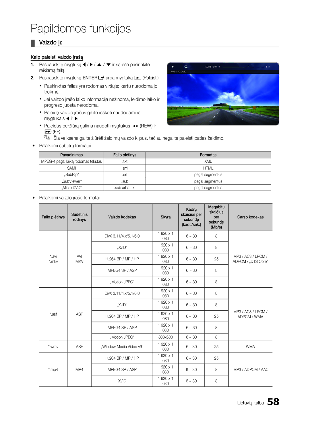 Samsung LT27A950EX/EN, LT27A950EXL/EN, LT27A750EX/EN manual Vaizdo įr, Reikiamą failą, Yy Palaikomi vaizdo įrašo formatai 