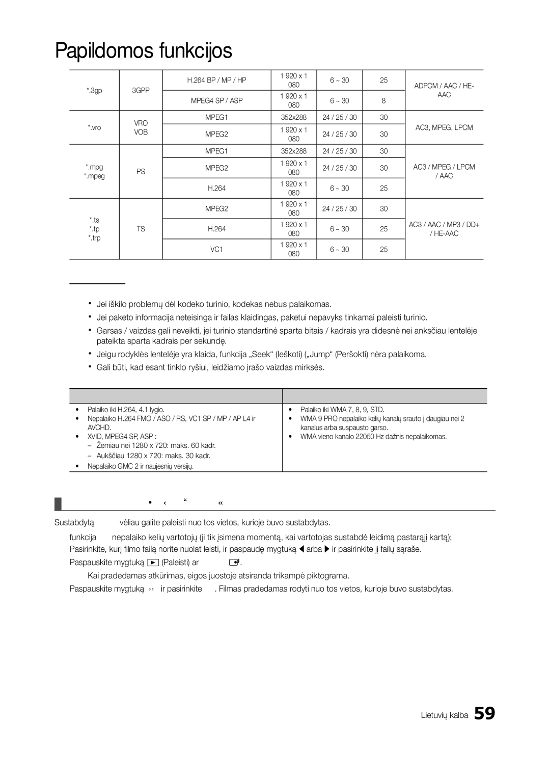 Samsung LT27B750EW/EN manual 264 BP / MP / HP 920 x, 264 920 x, Kiti apribojimai Pastaba, Kanalus arba suspausto garso 