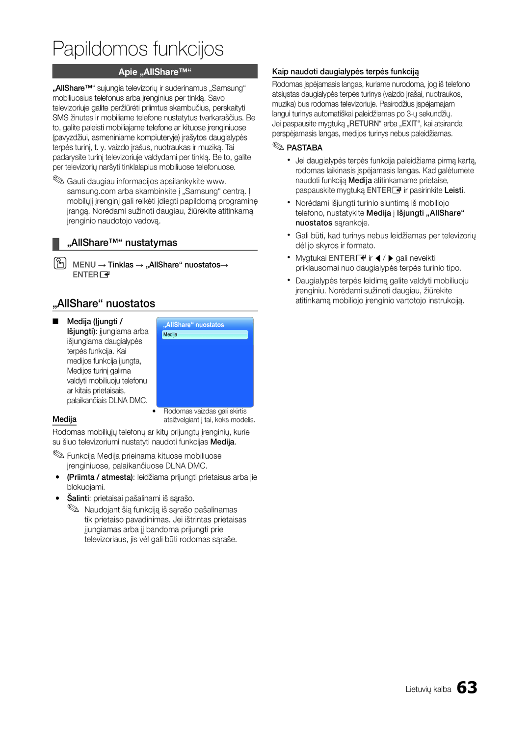 Samsung LT27B750EW/EN manual „AllShare nustatymas, Apie „AllShare, OO Menu → Tinklas → „AllShare nuostatos→, Medija 