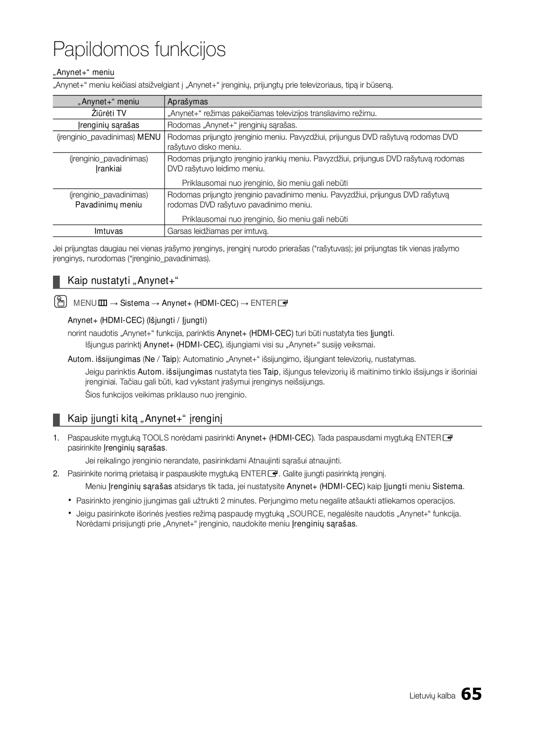 Samsung LT27A750EX/EN Kaip nustatyti „Anynet+, Kaip įjungti kitą „Anynet+ įrenginį, Rodomas „Anynet+ įrenginių sąrašas 