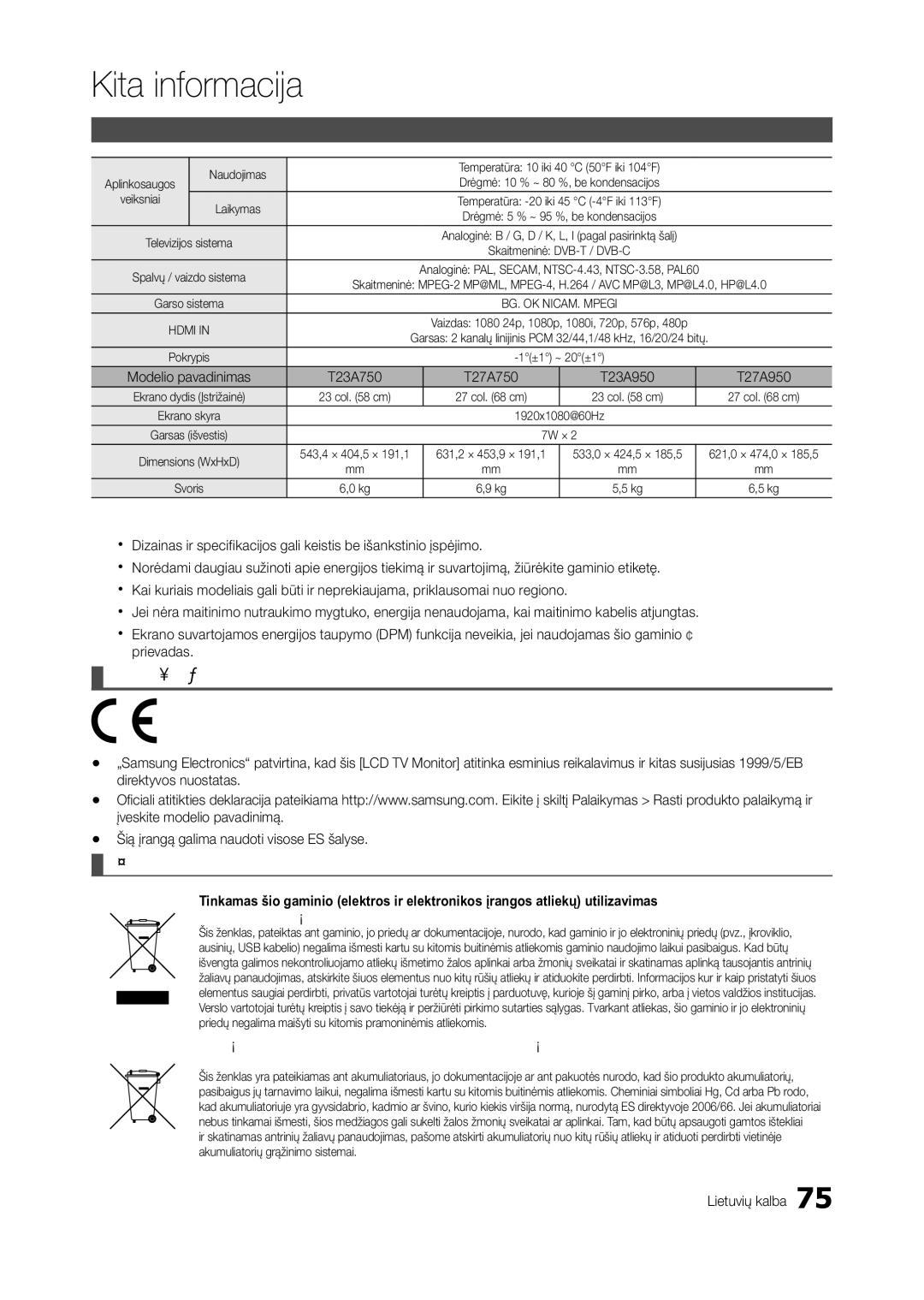 Samsung LT27B750EW/EN, LT27A950EXL/EN, LT27A750EX/EN Rekomendacija tik ES, Specifikacijos, Prievadas, Direktyvos nuostatas 