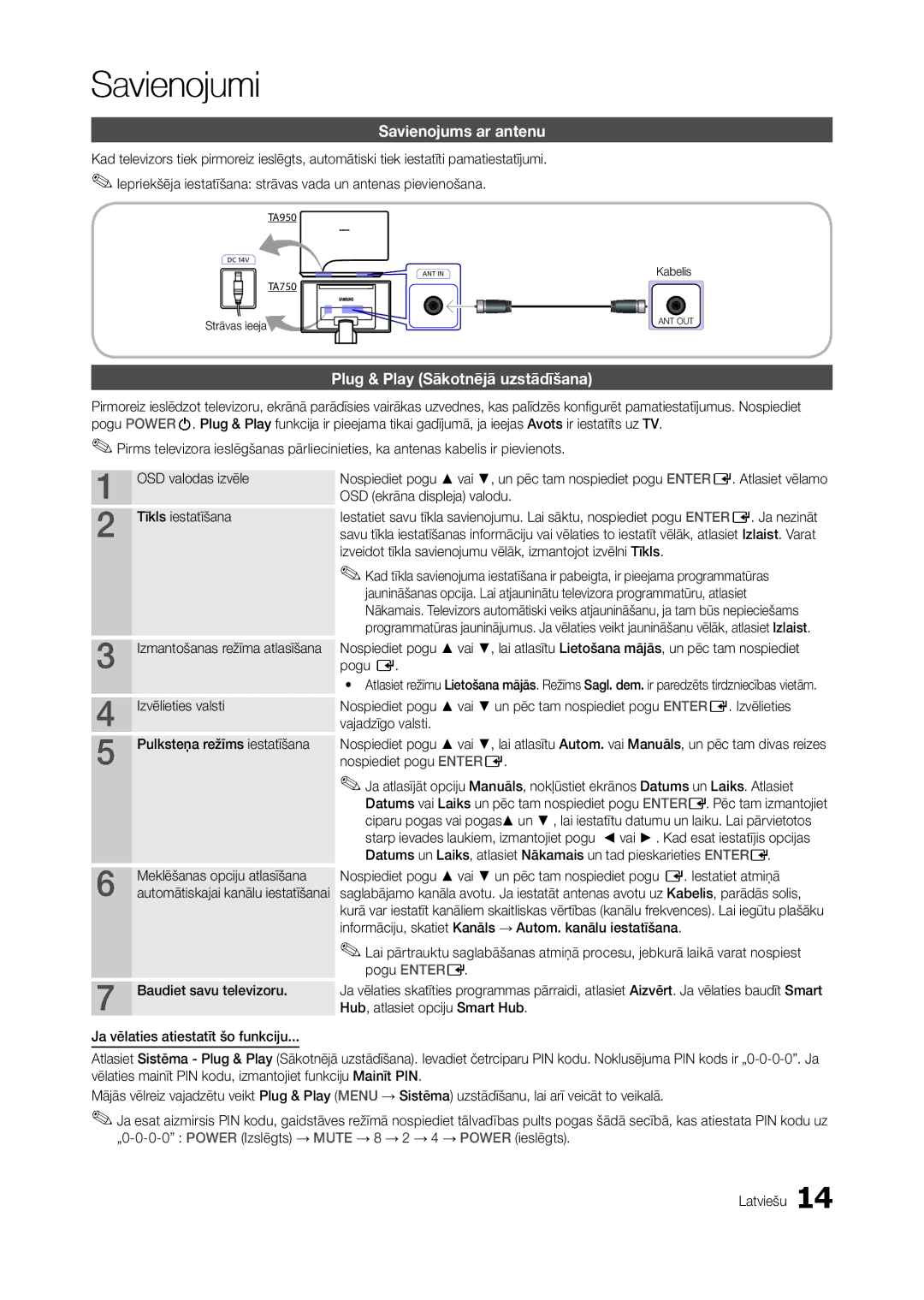 Samsung LT27A950EX/EN manual Savienojums ar antenu, Plug & Play Sākotnējā uzstādīšana, Meklēšanas opciju atlasīšana 