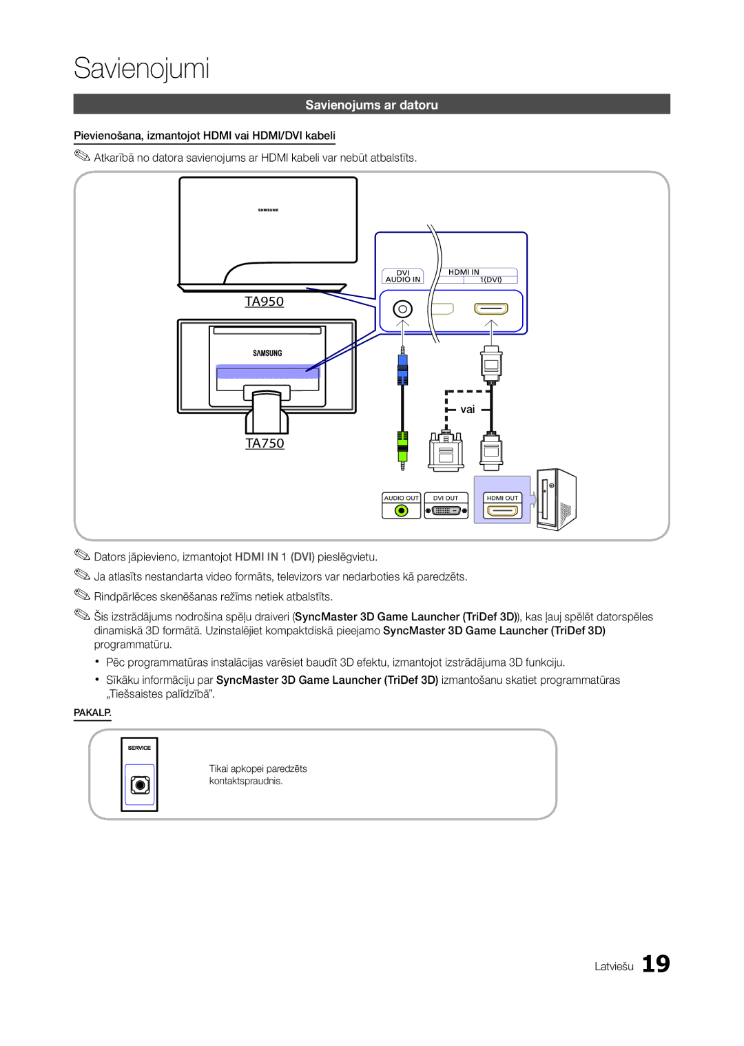 Samsung LT27B750EW/EN, LT27A950EXL/EN, LT27A750EX/EN, LT27A950EX/EN manual TA950, TA750, Savienojums ar datoru, Vai 