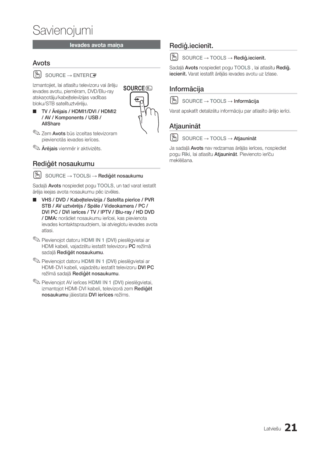 Samsung LT27A750EX/EN, LT27A950EXL/EN, LT27A950EX/EN manual Avots, Rediģēt nosaukumu, Rediģ.iecienīt, Informācija, Atjaunināt 