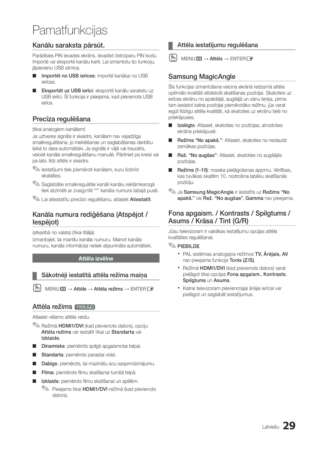 Samsung LT27A750EX/EN, LT27A950EXL/EN manual Kanālu saraksta pārsūt, Precīza regulēšana, Samsung MagicAngle, Attēla režīms t 