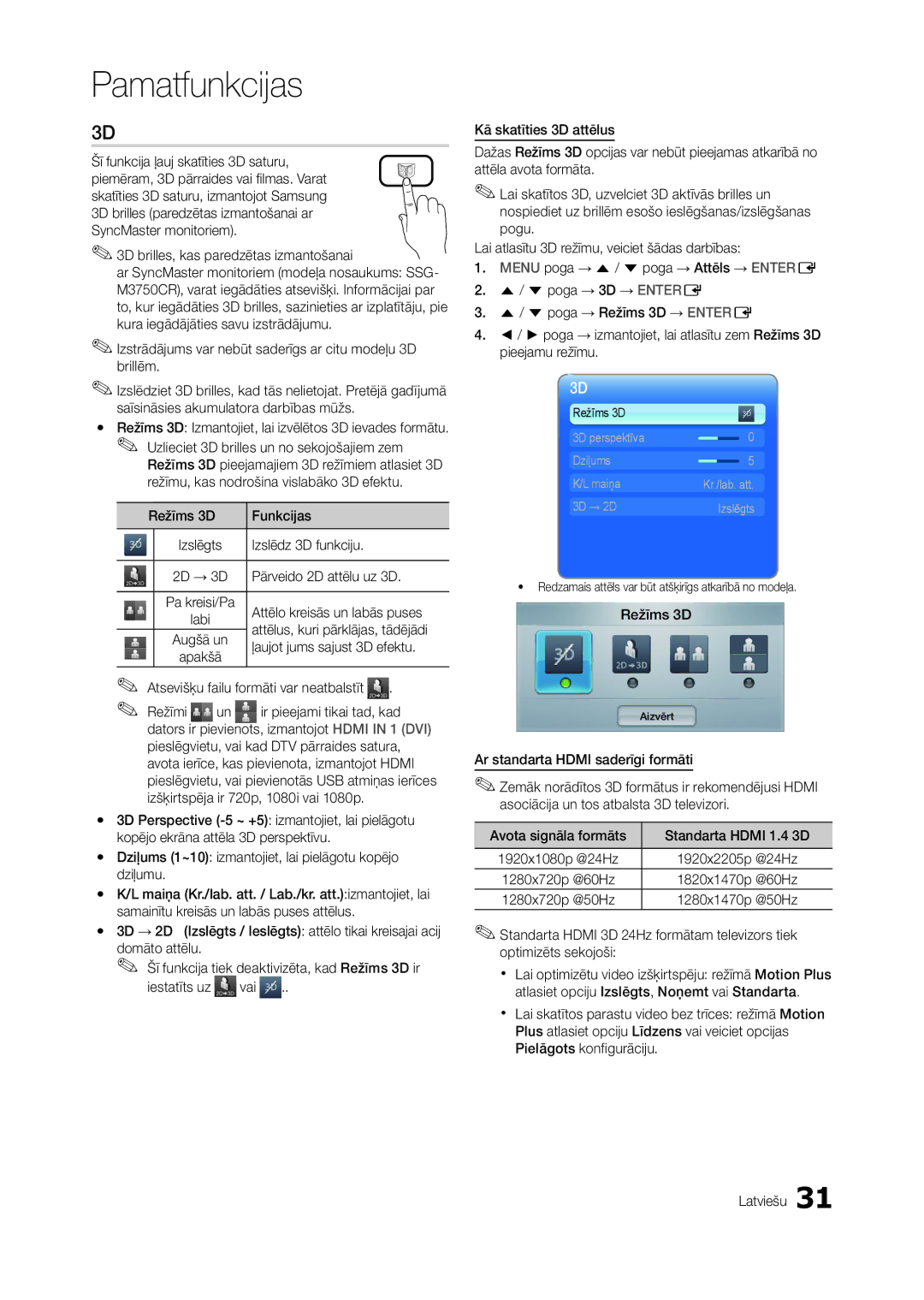 Samsung LT27B750EW/EN manual Izslēdz 3D funkciju, Pārveido 2D attēlu uz 3D, Attēlo kreisās un labās puses, Režīms 3D 