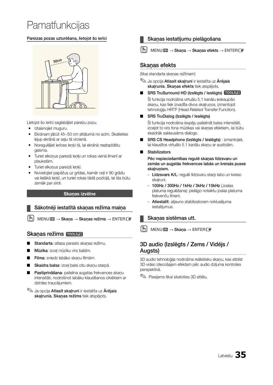 Samsung LT27B750EW/EN, LT27A950EXL/EN manual Skaņas režīms t, Skaņas efekts, 3D audio Izslēgts / Zems / Vidējs / Augsts 