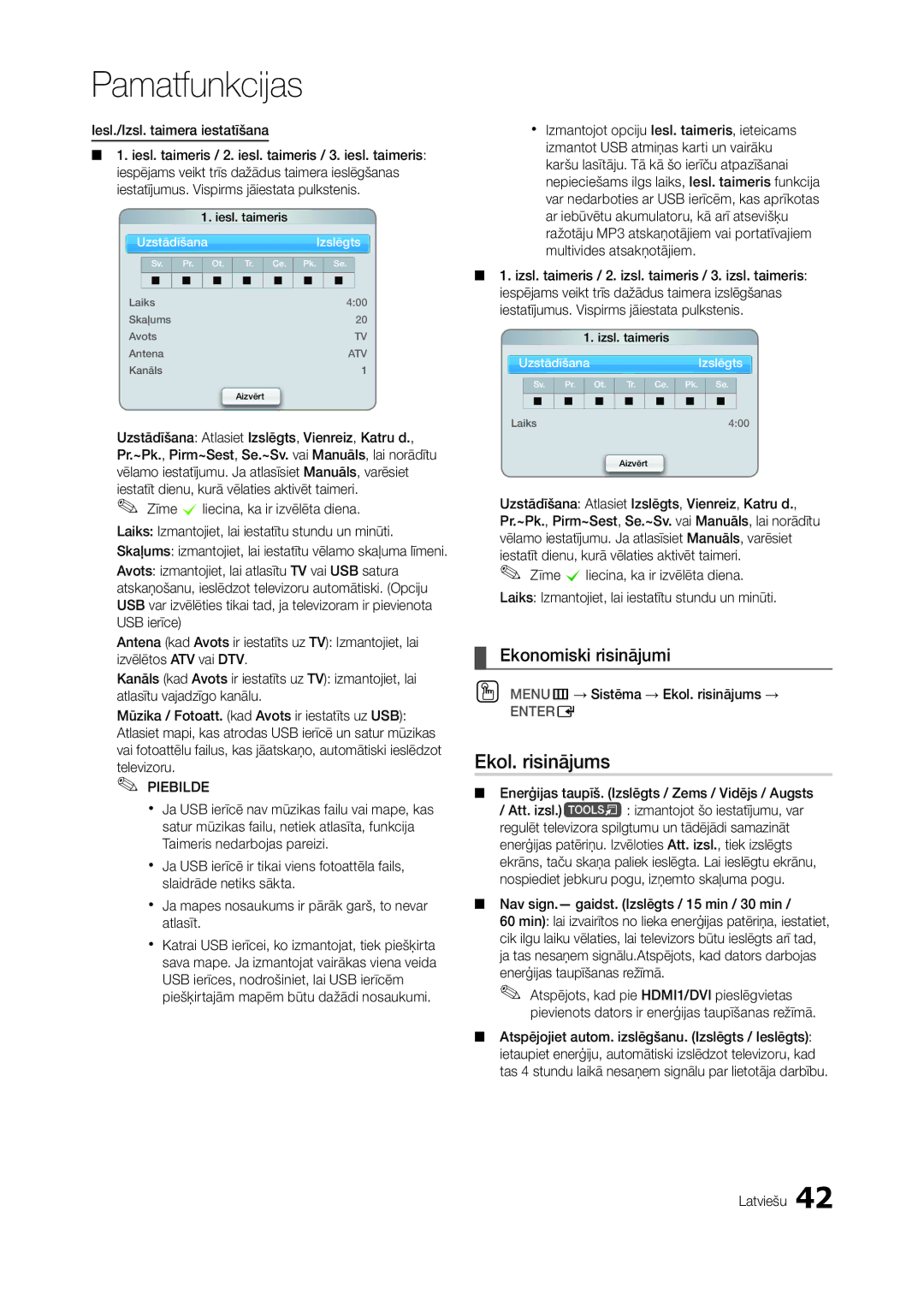 Samsung LT27A950EX/EN manual Ekol. risinājums, Ekonomiski risinājumi, Iesl./Izsl. taimera iestatīšana, Iesl. taimeris 