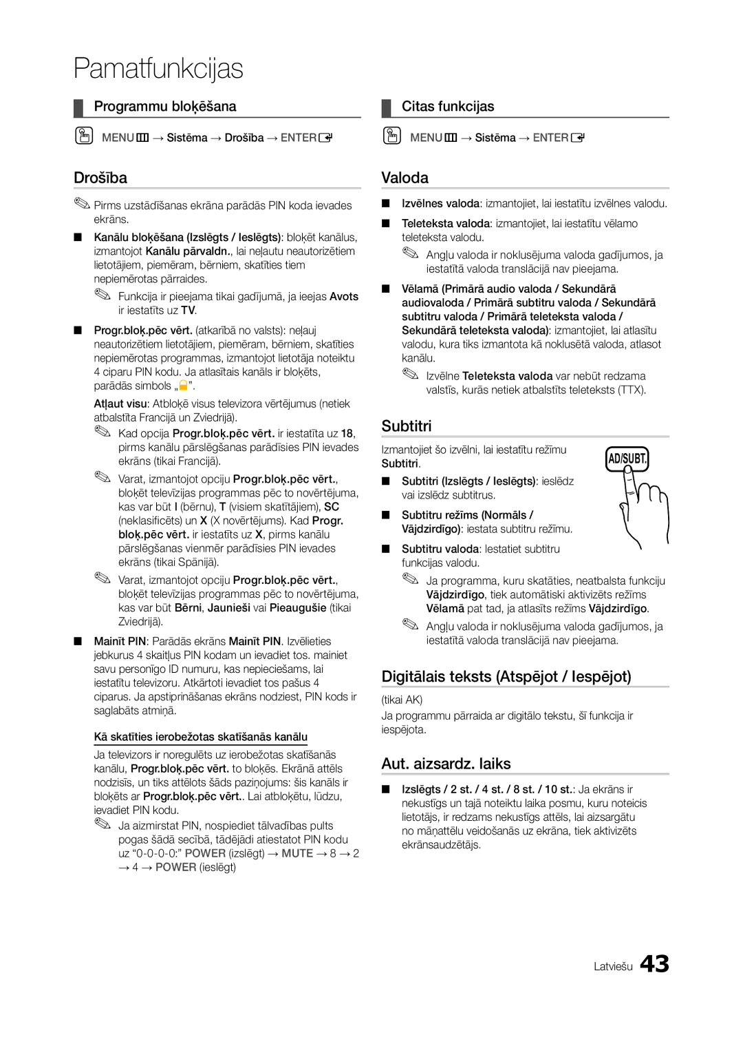 Samsung LT27B750EW/EN manual Drošība, Valoda, Subtitri, Digitālais teksts Atspējot / Iespējot, Aut. aizsardz. laiks 