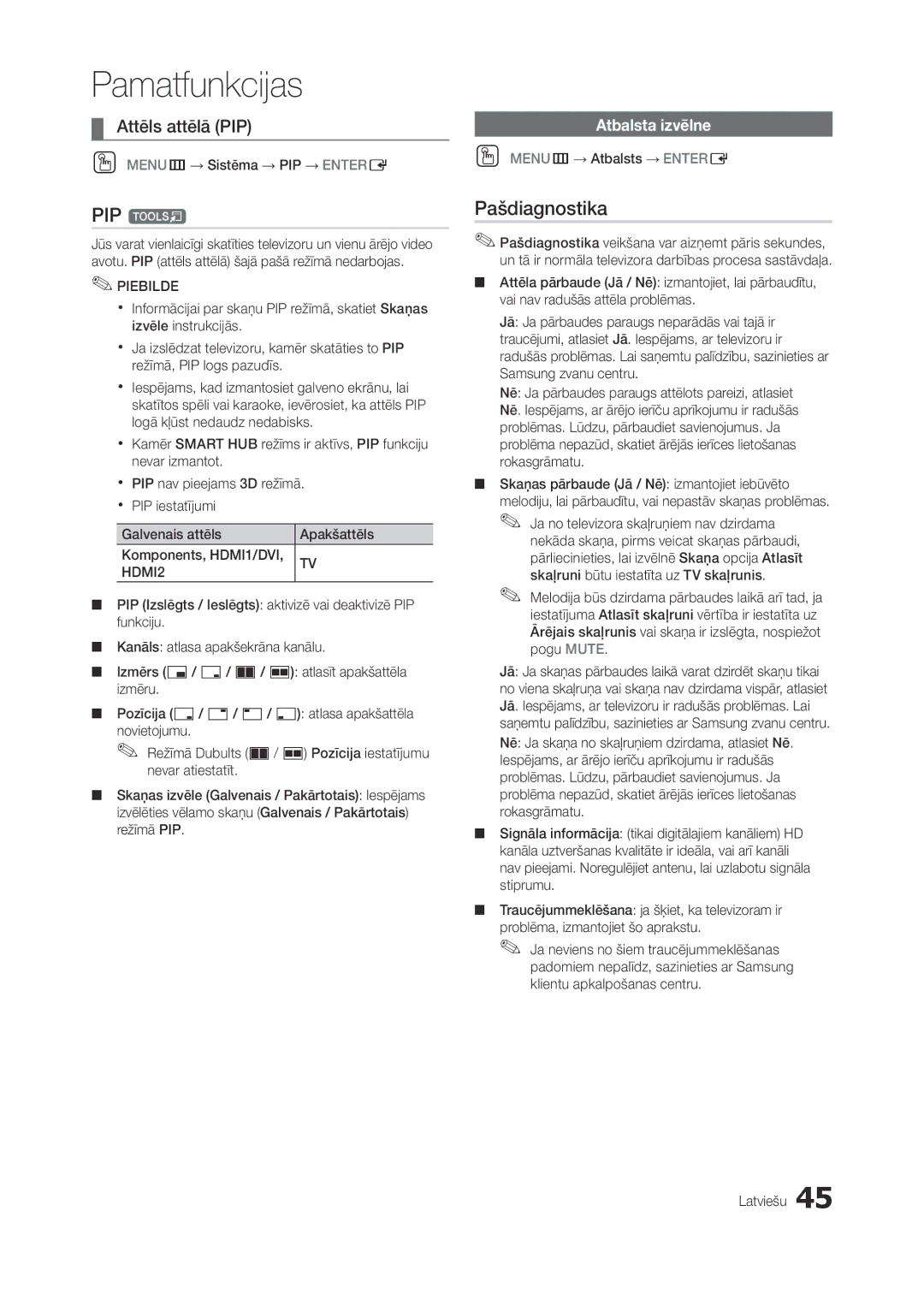 Samsung LT27A750EX/EN, LT27A950EXL/EN, LT27A950EX/EN manual PIP t, Pašdiagnostika, Attēls attēlā PIP, Atbalsta izvēlne 