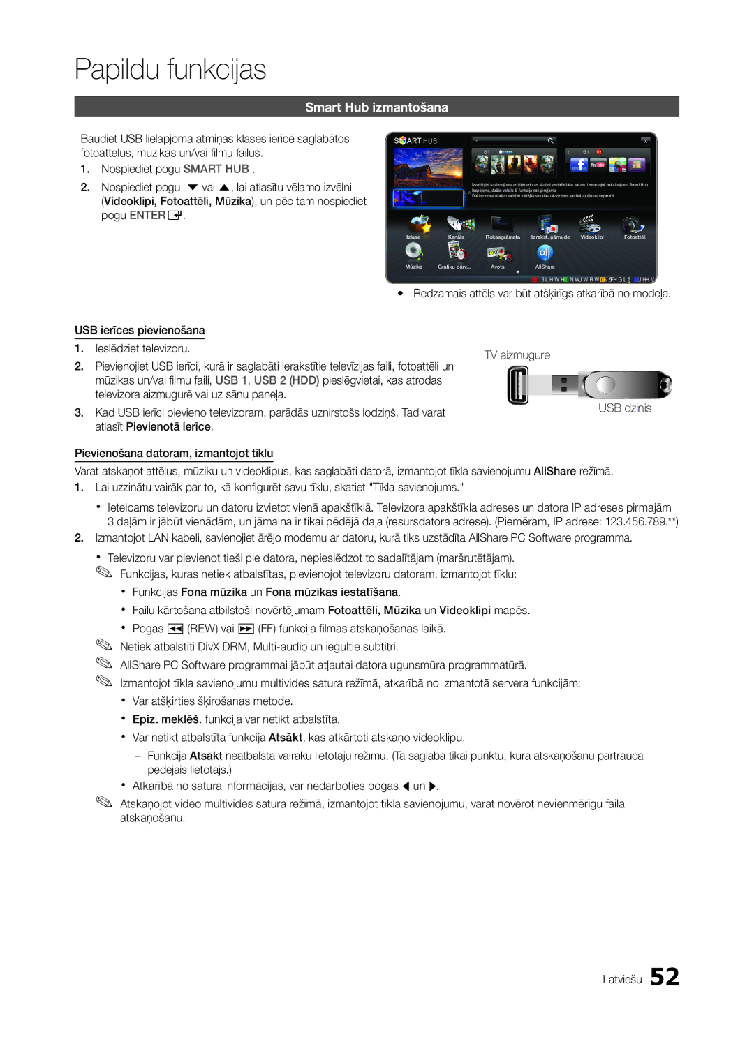 Samsung LT27A950EXL/EN, LT27A750EX/EN, LT27A950EX/EN Smart Hub izmantošana, USB ierīces pievienošana Ieslēdziet televizoru 