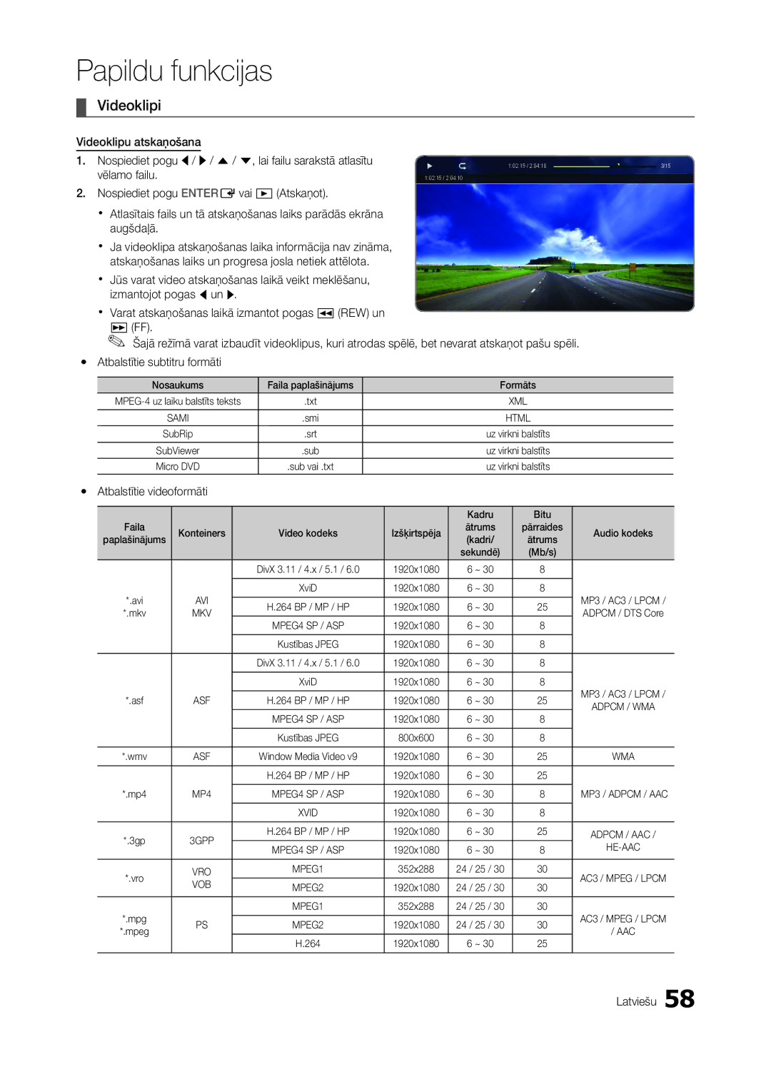 Samsung LT27A950EX/EN, LT27A950EXL/EN, LT27A750EX/EN, LT27B750EW/EN Videoklipi, Vēlamo failu, Yy Atbalstītie videoformāti 