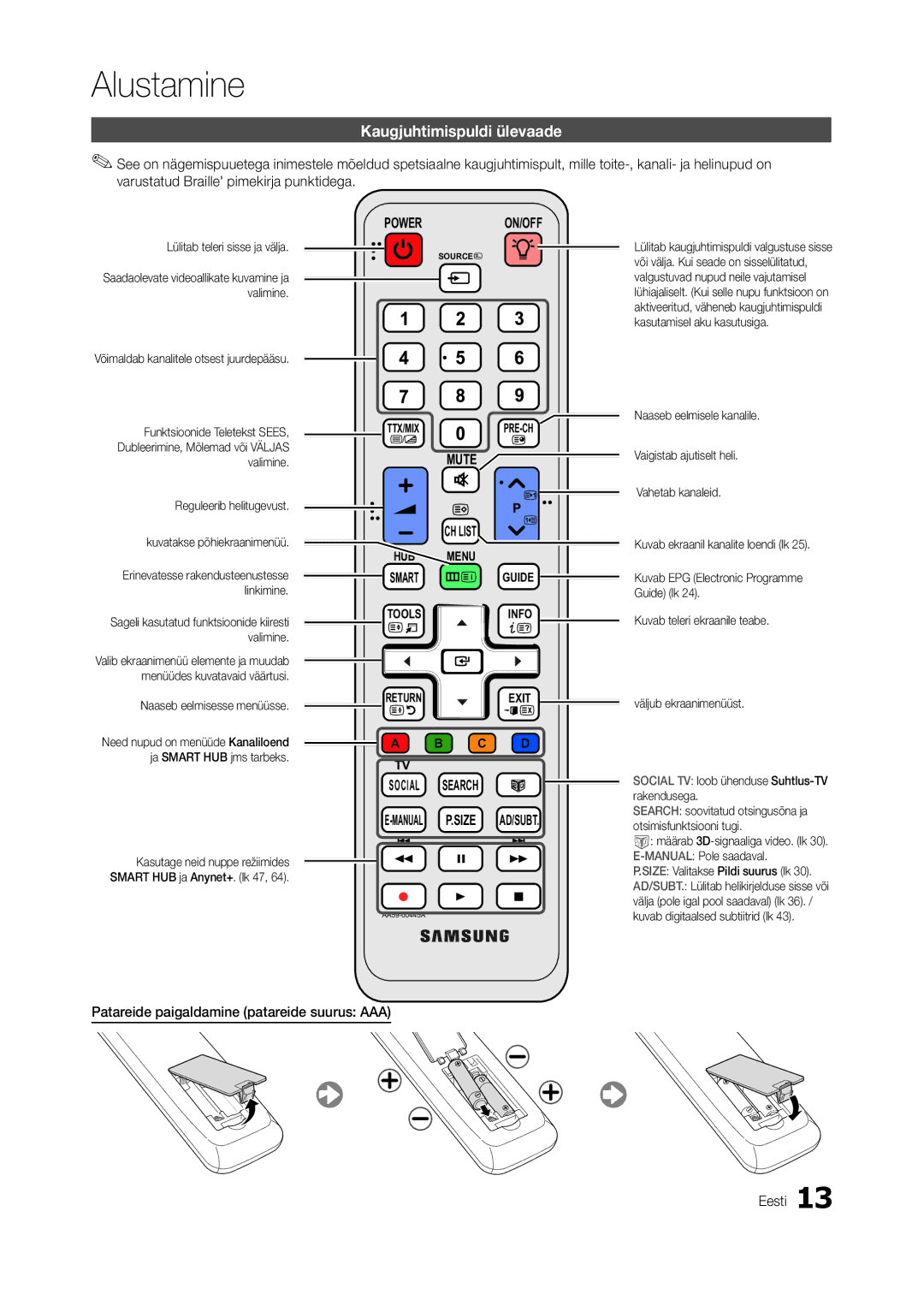 Samsung LT27A750EX/EN, LT27A950EXL/EN manual Kaugjuhtimispuldi ülevaade, Patareide paigaldamine patareide suurus AAA Eesti 