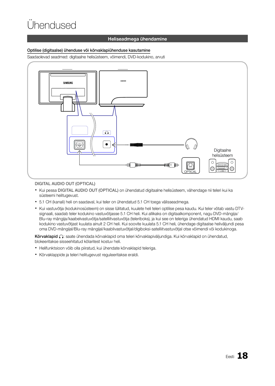 Samsung LT27A950EX/EN, LT27A950EXL/EN, LT27A750EX/EN, LT27B750EW/EN manual Heliseadmega ühendamine, Digital Audio OUT Optical 