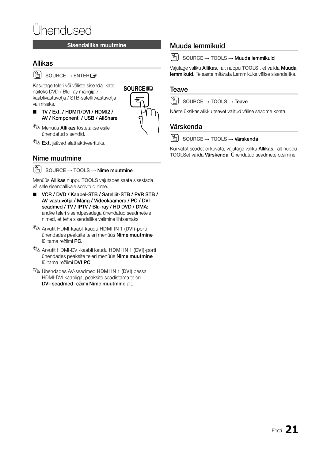 Samsung LT27A750EX/EN, LT27A950EXL/EN, LT27A950EX/EN manual Allikas, Nime muutmine, Muuda lemmikuid, Teave, Värskenda 