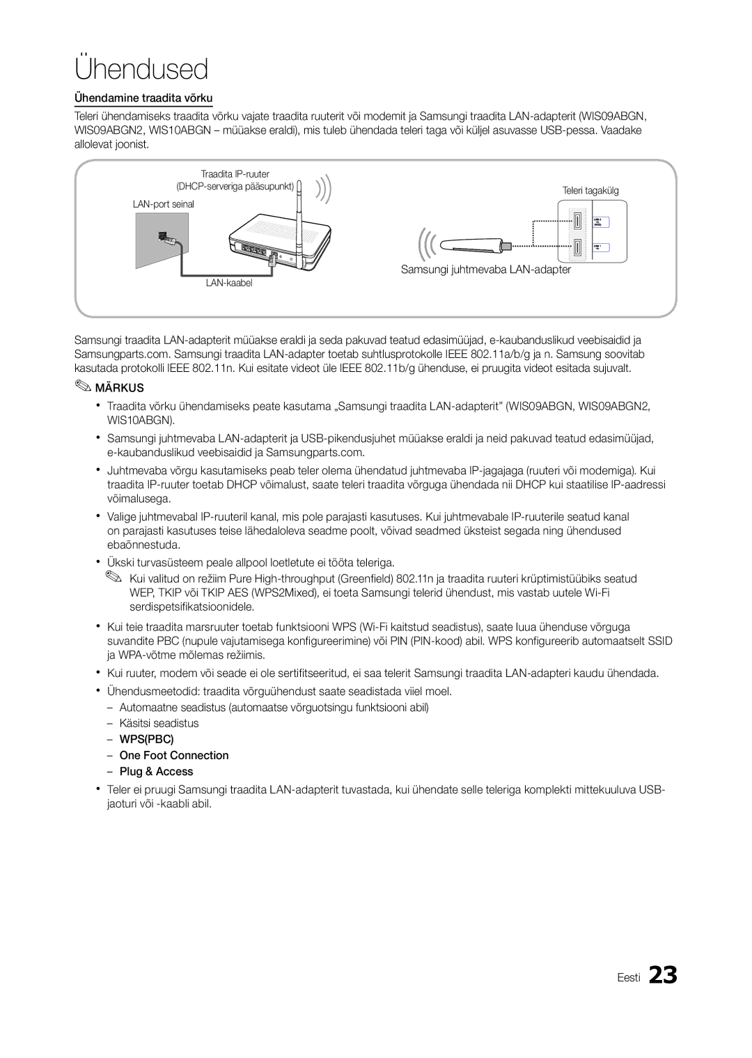 Samsung LT27B750EW/EN, LT27A950EXL/EN, LT27A750EX/EN, LT27A950EX/EN manual Samsungi juhtmevaba LAN-adapter, Märkus 