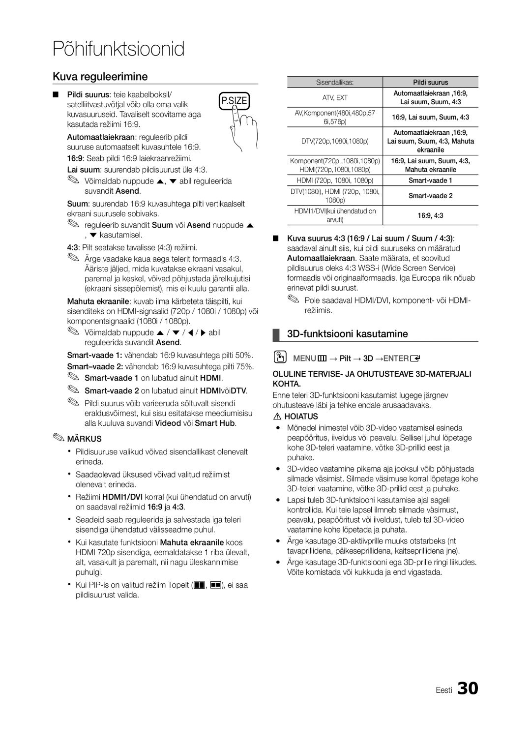 Samsung LT27A950EX/EN, LT27A950EXL/EN, LT27A750EX/EN, LT27B750EW/EN manual Kuva reguleerimine, 3D-funktsiooni kasutamine 