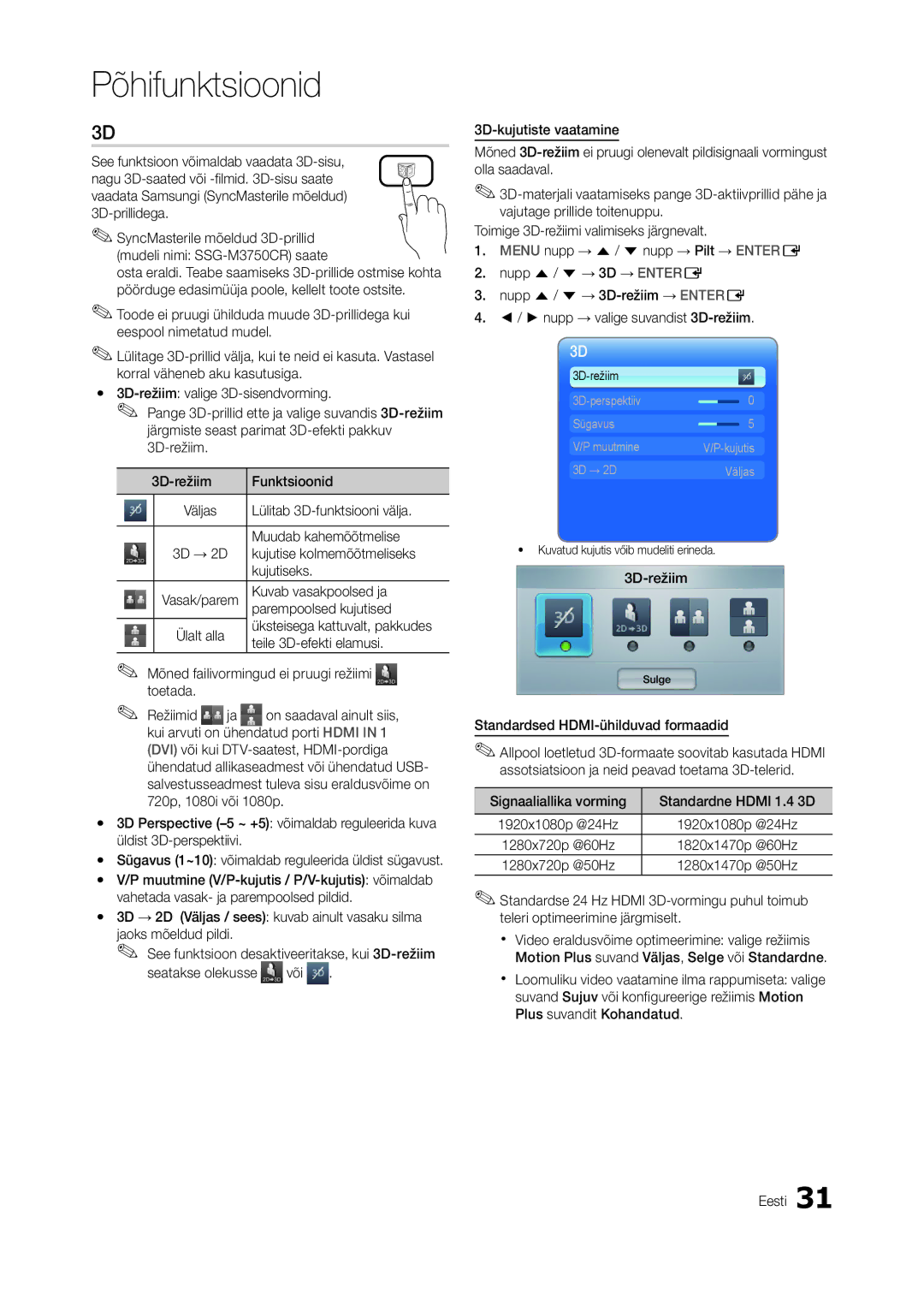 Samsung LT27B750EW/EN manual Lülitab 3D-funktsiooni välja, Muudab kahemõõtmelise, Kujutise kolmemõõtmeliseks, Kujutiseks 