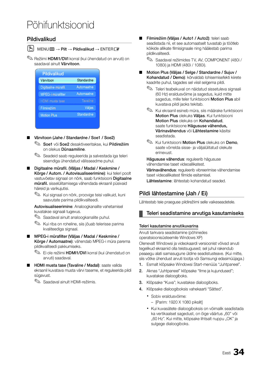 Samsung LT27A950EX/EN, LT27A950EXL/EN Pildivalikud, Pildi lähtestamine Jah / Ei, Teleri seadistamine arvutiga kasutamiseks 