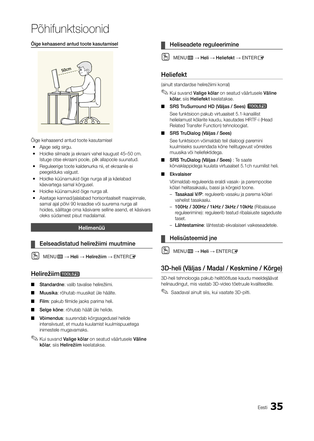 Samsung LT27B750EW/EN, LT27A950EXL/EN, LT27A750EX/EN manual Helirežiimt, Heliefekt, 3D-heli Väljas / Madal / Keskmine / Kõrge 