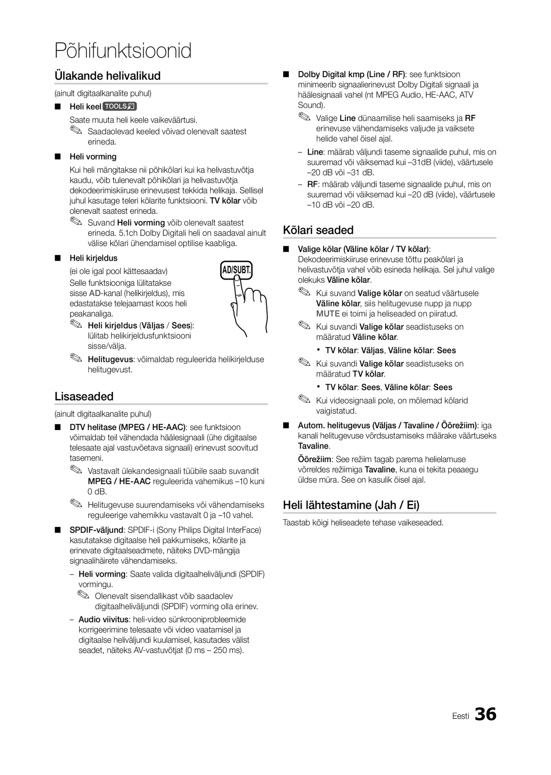 Samsung LT27A950EXL/EN, LT27A750EX/EN manual Ülakande helivalikud, Lisaseaded, Kõlari seaded, Heli lähtestamine Jah / Ei 