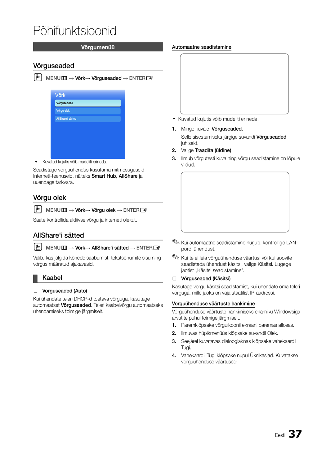 Samsung LT27A750EX/EN, LT27A950EXL/EN, LT27A950EX/EN manual Võrguseaded, Võrgu olek, AllSharei sätted, Kaabel, Võrgumenüü 