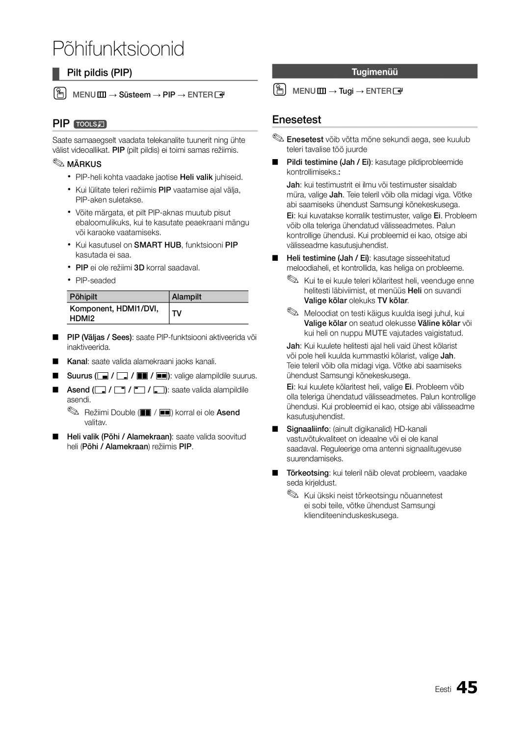 Samsung LT27A750EX/EN, LT27A950EXL/EN, LT27A950EX/EN, LT27B750EW/EN manual PIP t, Enesetest, Tugimenüü 