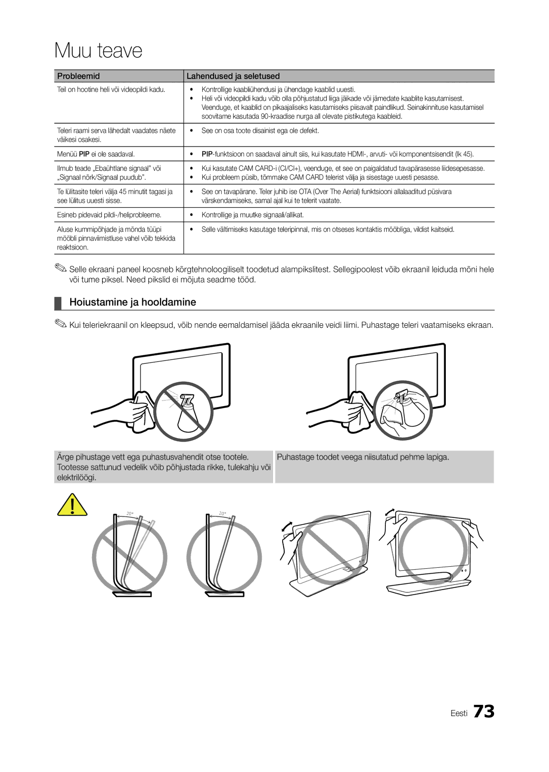 Samsung LT27A750EX/EN, LT27A950EXL/EN, LT27A950EX/EN, LT27B750EW/EN manual Hoiustamine ja hooldamine 