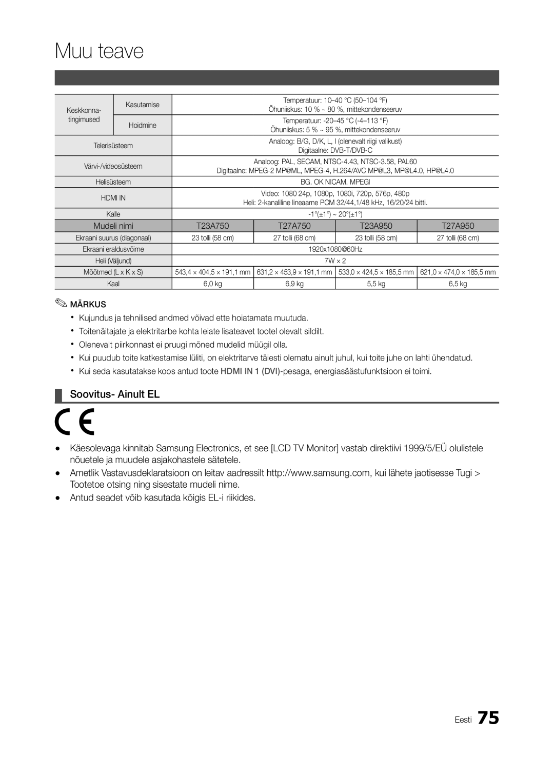 Samsung LT27B750EW/EN, LT27A950EXL/EN, LT27A750EX/EN, LT27A950EX/EN manual Soovitus- Ainult EL, Tehnilised andmed, Tingimused 