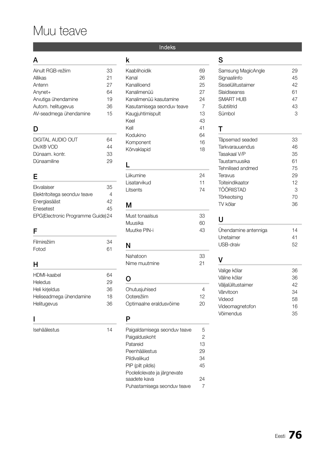 Samsung LT27A950EXL/EN manual EPGElectronic Programme Guide24, Paigaldamisega seonduv teave, Puhastamisega seonduv teave 